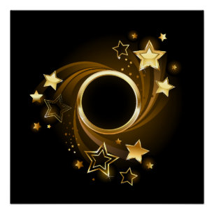 Poster Bannière ronde avec étoiles or sur noir