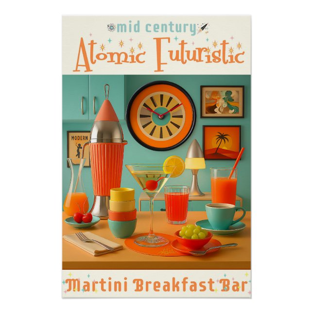 Poster Bar à martini rétro-futuriste atomique petit-déjeu (Devant)