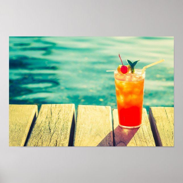 Poster Bar de piscine à coucher de soleil rétro (Devant)