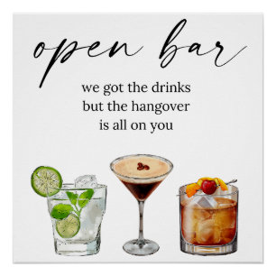 Poster Bar ouvert drôle mignon mariage aquarelle cocktail