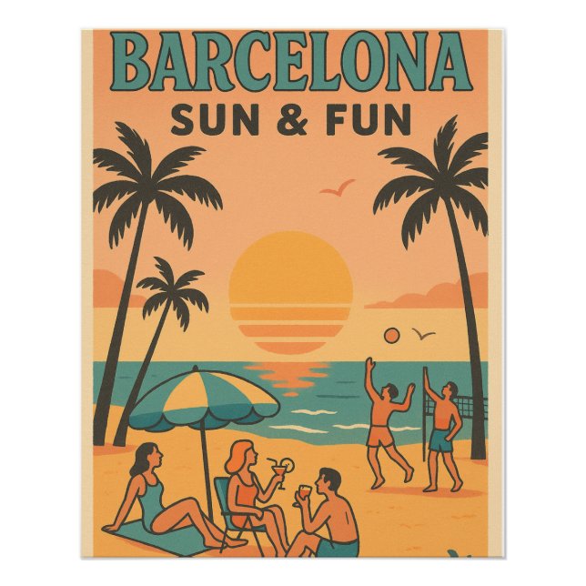 Poster Barcelona Beach & Sun - Retro Travel (Devant)