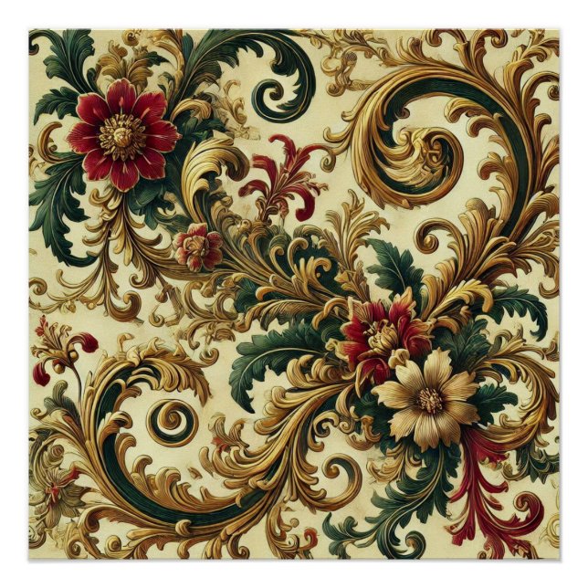 Poster Baroque motif floral avec or, rouge, vert A (Devant)