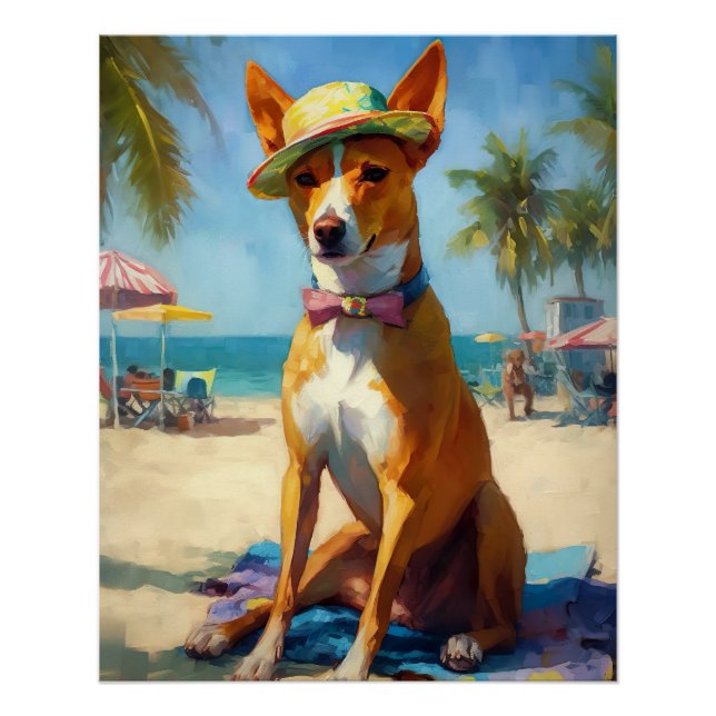 Poster Basenji sur la plage, cadeau d'été pour les amoure (Devant)