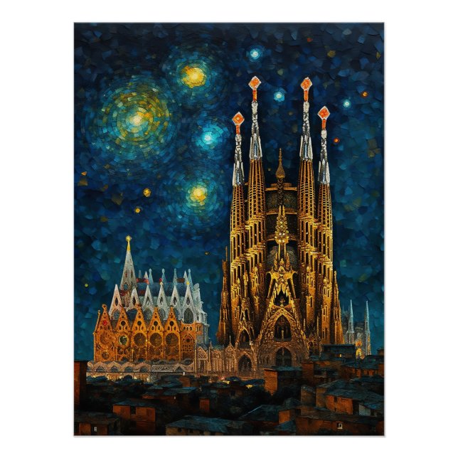 Poster Basilique de Barcelone Sagrada Família Nuit étoilé (Devant)