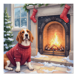 Poster Basset Hound à l'aquarelle au coin du feu de Noël