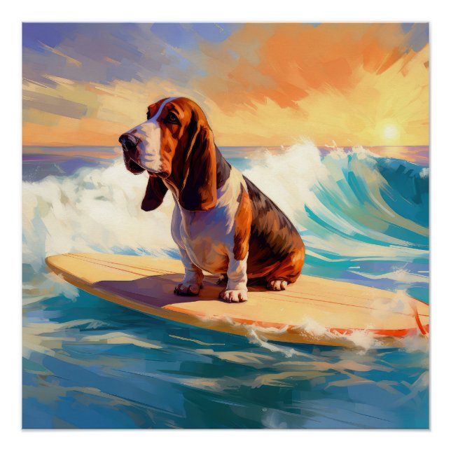 Poster Basset Hound Beach Surf Peinture (Devant)