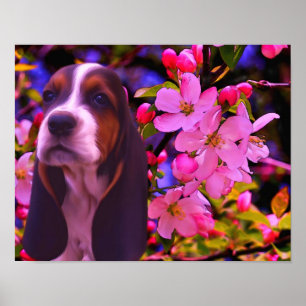 Poster Basset Hound Chiot Blooms Chien Art