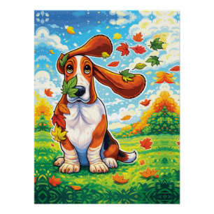 Poster Basset Hound joueur Feuilles d'automne Dessin anim