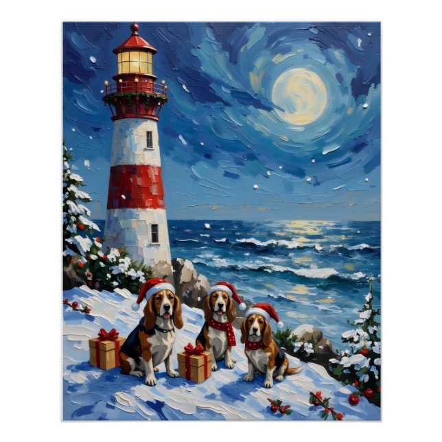 Poster Basset Hound Phare de Noël Vacances (Devant)