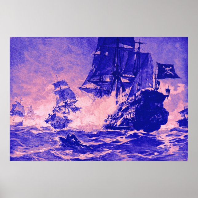 POSTER BATAILLE DE NAVIRE EN BLEU ET ROSE (Devant)