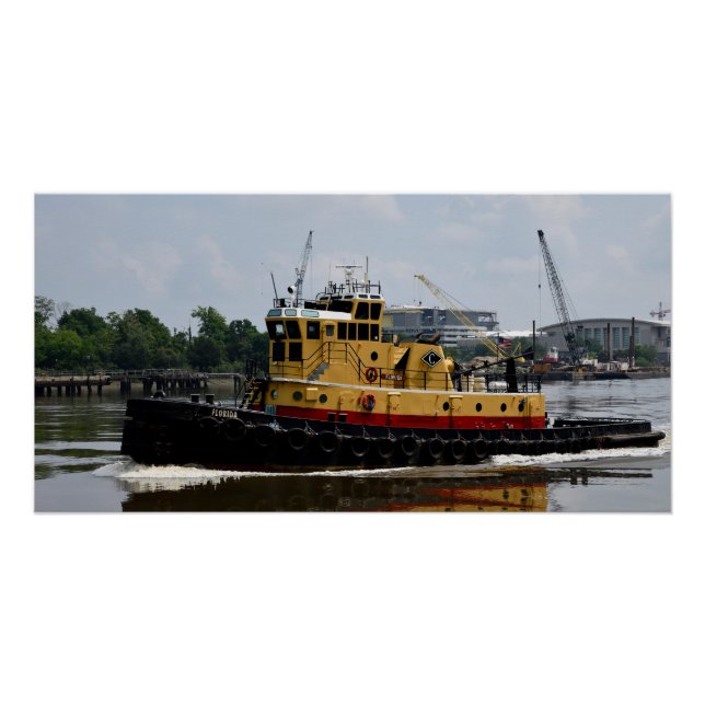 Poster Bateau à remorqueurs travaillant à la rivière (Devant)