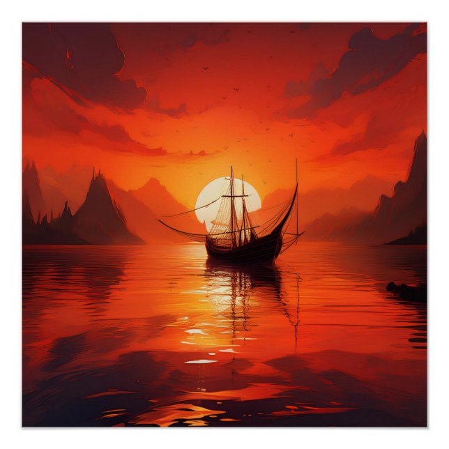 Poster Bateau à Sunset - Art Serenity de l'océan Rouge (Devant)