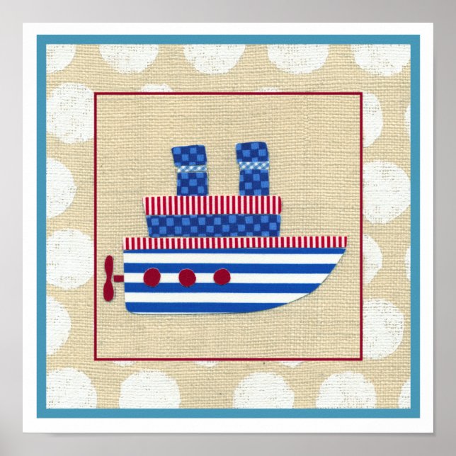 Poster Bateau à vapeur avec hélice et cheminées bleues (Devant)