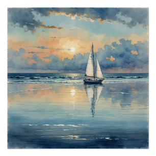 Poster Bateau À Voile Aquarelle Sur Peinture Océanique