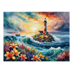 Poster Bateau à voile phare Floral Beauté Aquarelle