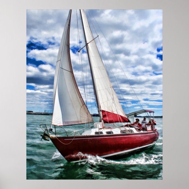 Poster Bateau à voile rouge, Ciel bleu, Mer verte (Devant)