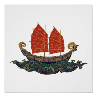Poster Bateau à voile rouge, jonque, bateau-trésor chinoi