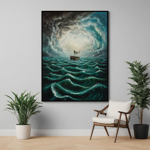 Poster Bateau solitaire en Mer Turbulente Paysage océaniq