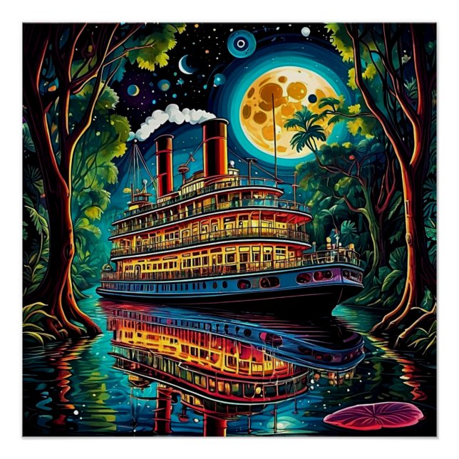 Poster Bateau sous ciel Lune 1 (Devant)