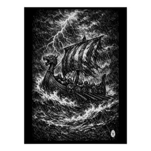 Poster Bateau Viking dans la Tempête — Ink Saga Art
