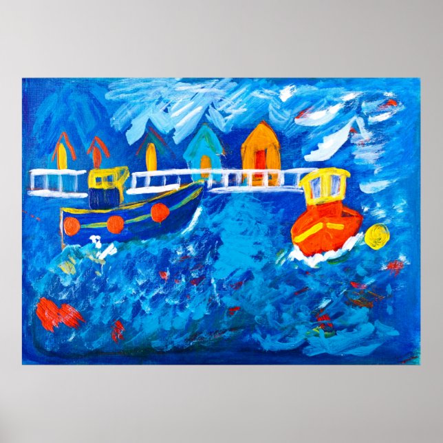 Poster Bateaux remorqueurs en mer peinture acrylique par  (Devant)