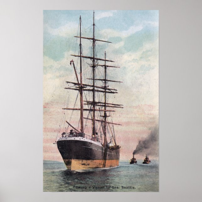 Poster Bateaux remorqueurs remorquant un navire en mer (Devant)