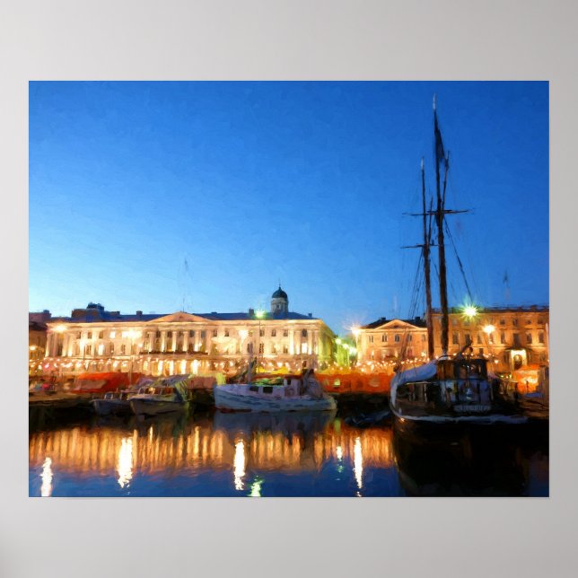 Poster Bateaux sur la place du marché d'Helsinki au soir (Devant)