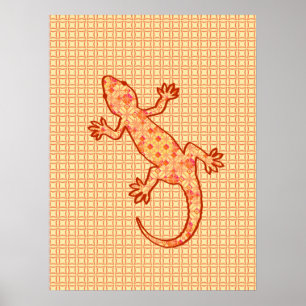 Poster Batik tribal Gecko - corail et orange clair