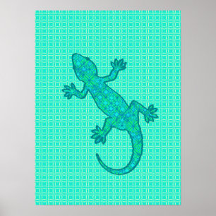 Poster Batik tribal Gecko - turquoise / paon
