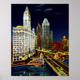 Poster Bâtiments de Chicago l'Illinois Wrigley par nuit
