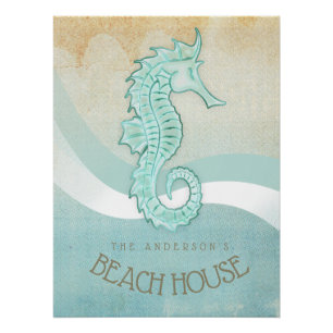 Poster Beach House Seahorse Aqua Blue ID623