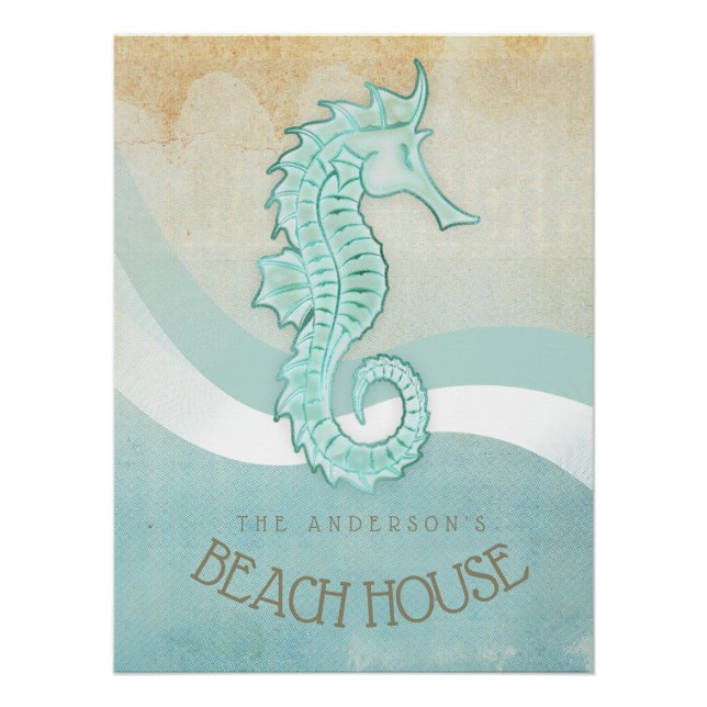 Poster Beach House Seahorse Aqua Blue ID623 (Devant)