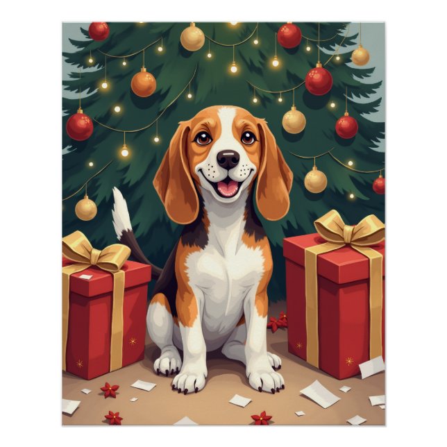 Poster Beagle Christmas Morning Gift-Unboxing Painting (Devant)