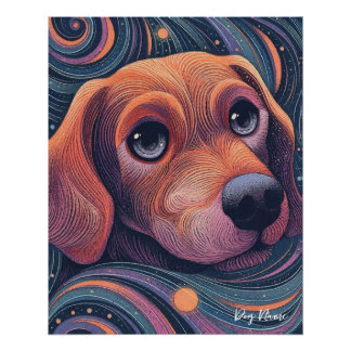 Poster Beagle dog with starry sky and water 001