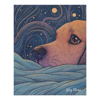 Poster Beagle dog with starry sky and water 002