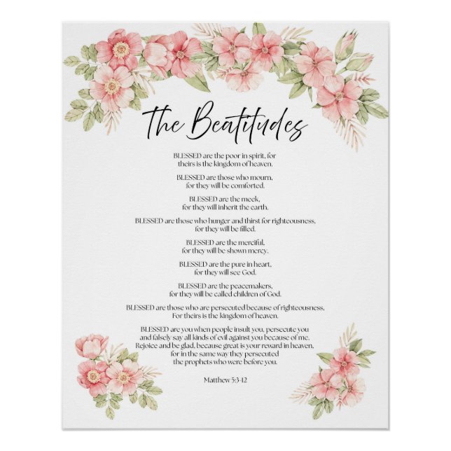 Poster Béatitudes d'écriture florale aquarelle rose (Devant)