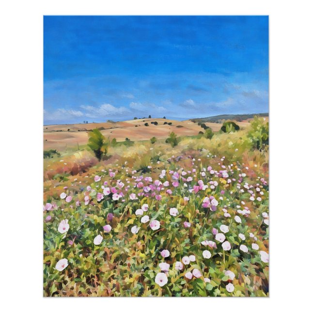 Poster Beau Champ Fleur sauvage sous ciel bleu clair (Devant)