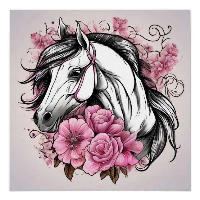 Poster Beau Cheval Blanc avec Fleurs Roses (Devant)