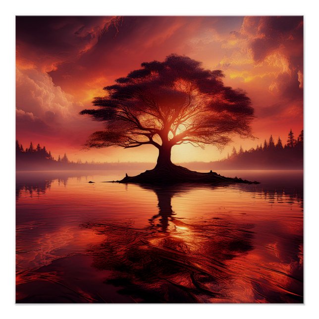 Poster Beau Coucher De Soleil Avec Arbre En Avant-Plan (Devant)
