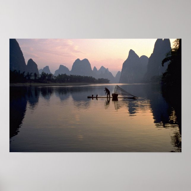 Poster Beau coucher de soleil : Traverser la rivière Li,  (Devant)