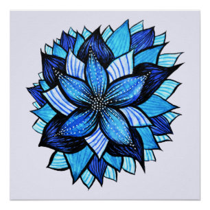 Poster Beau dessin bleu abstrait d'encre de fleur