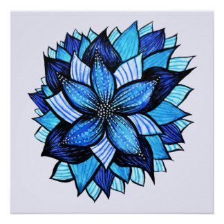 Poster Beau dessin d'encre de fleur bleue Abstraite