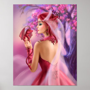 Poster Beau imaginaire femme reine et rouge drago