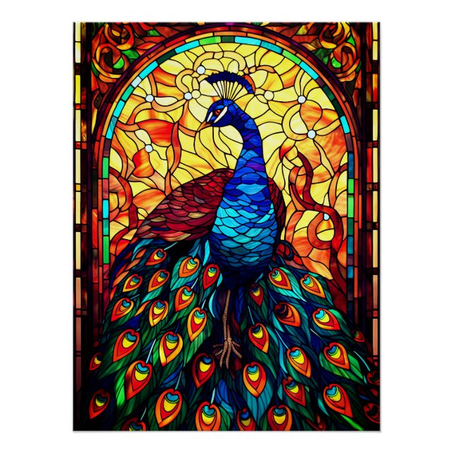Poster Beau Peacock Vitrail Art de la faune (Devant)