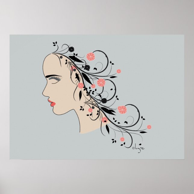 Poster Beau profil de femme avec fleurs et tourbillons (Devant)