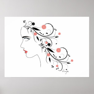 Poster Beau profil de femme avec fleurs et tourbillons