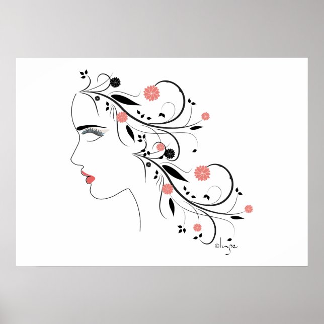 Poster Beau profil de femme avec fleurs et tourbillons (Devant)