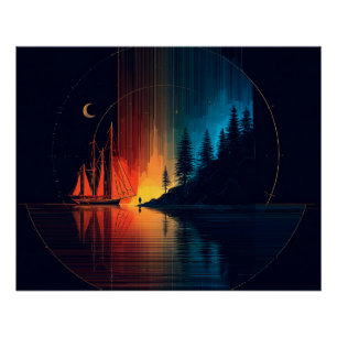 Poster Beauté & Terreur, navires, lune et aurores boréale