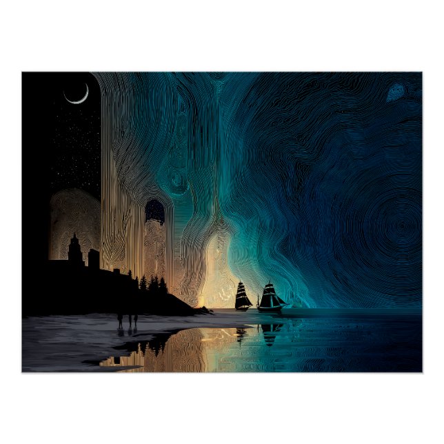 Poster Beauté & Terreur, navires, lune et aurores boréale (Devant)