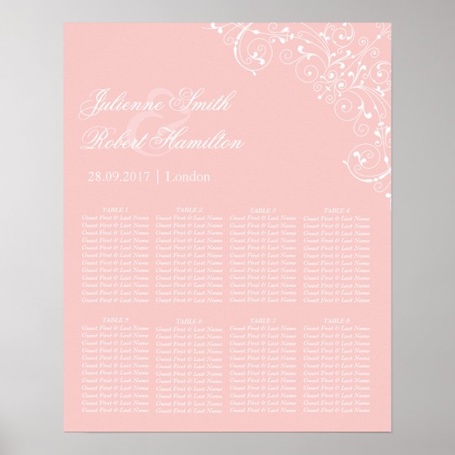 Poster Beautiful Pink Blush Vintage Wedding Seating Chart (Devant)
